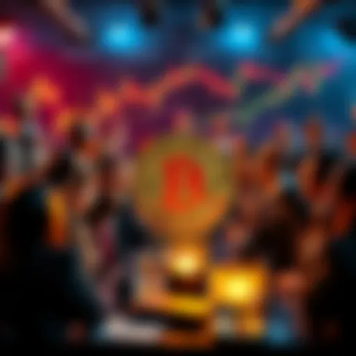 H100 shareholders celebrating the approval of a Bitcoin deal, with charts and financial graphs in the background