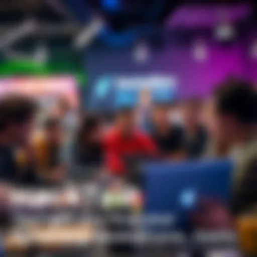 A group of diverse people collaborating around laptops at a hackathon event, brainstorming ideas, and coding.