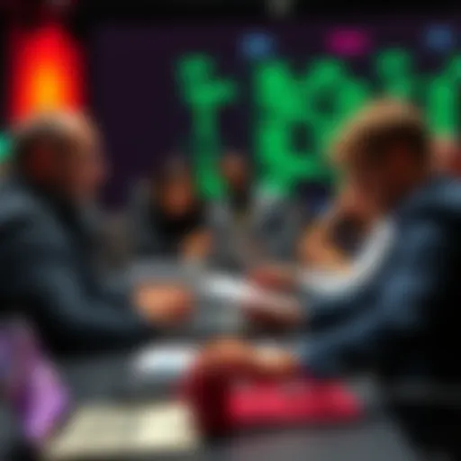 A group of judges reviewing projects at a hackathon focused on data fields, with laptops and notebooks in front of them.