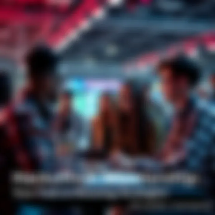 A college student team mentoring others in a hackathon setting, discussing project ideas and strategies.