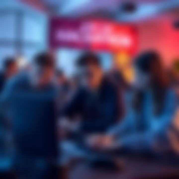 A group of young people working together on laptops at a hackathon event, focused on coding and collaboration, with a banner promoting prizes in the background.