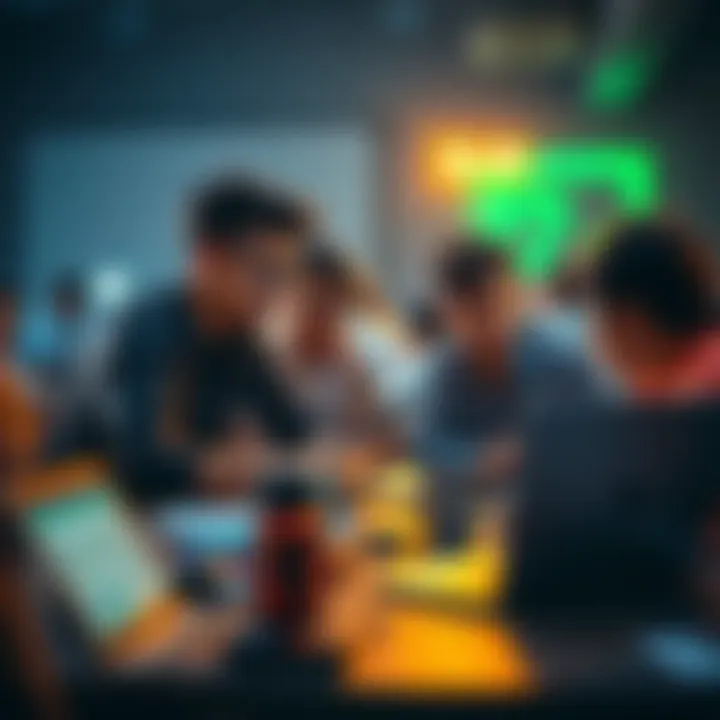 Group of college students collaborating at a hackathon with laptops and coding materials