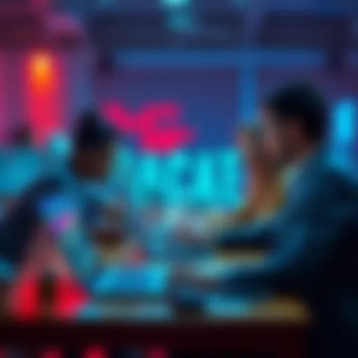 A group of diverse hackathon finalists work together at a table, brainstorming and coding on laptops during a competition