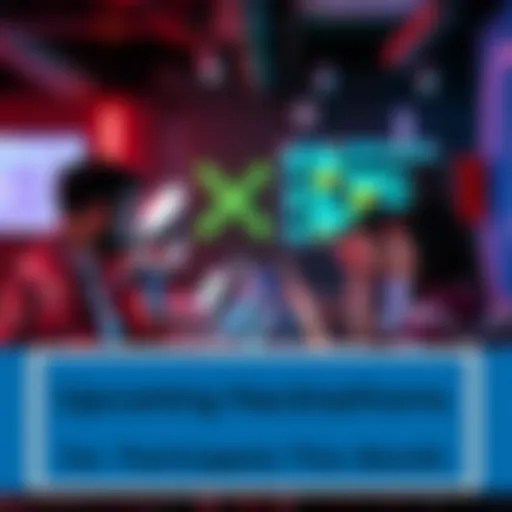 A group of individuals collaborating on laptops during a hackathon event, brainstorming ideas and coding together.