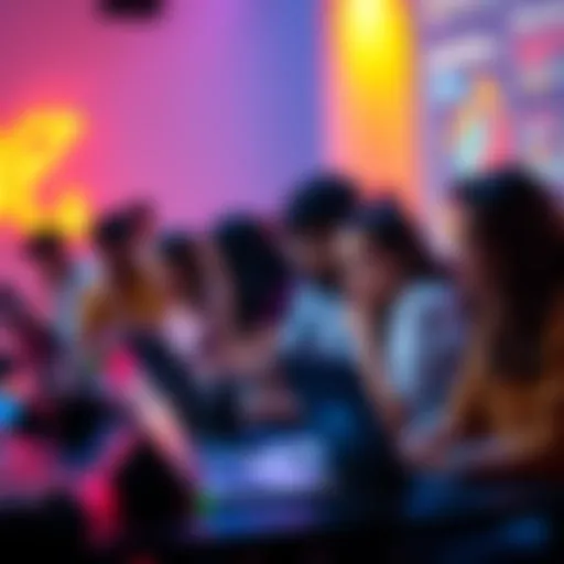 A group of diverse people working on laptops at a hackathon event, collaborating on projects