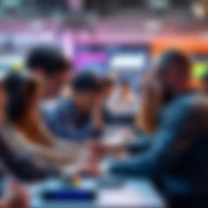 Hackathon participants brainstorming A group of people collaborating at a hackathon, working on laptops and discussing ideas about payments and bot interactions.