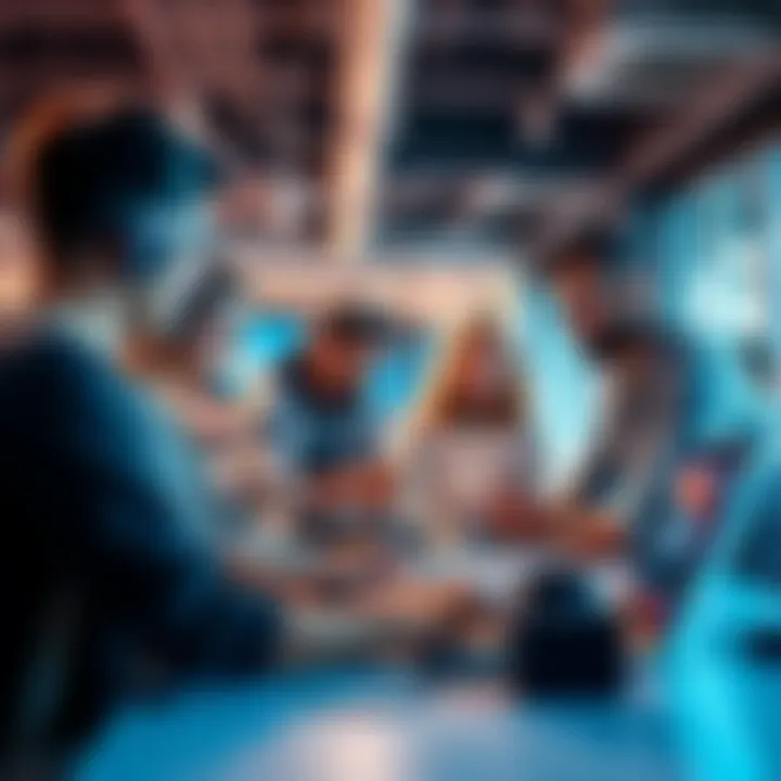 A diverse group of people working together on laptops in a bright, modern workspace for a hackathon event