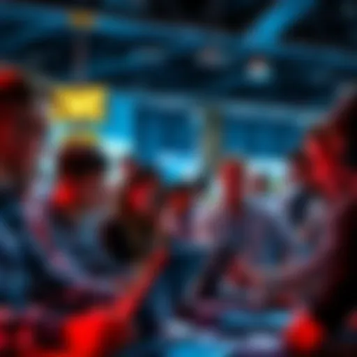 A group of diverse individuals collaborating at a hackathon, focusing on laptops and discussing ideas with enthusiasm.