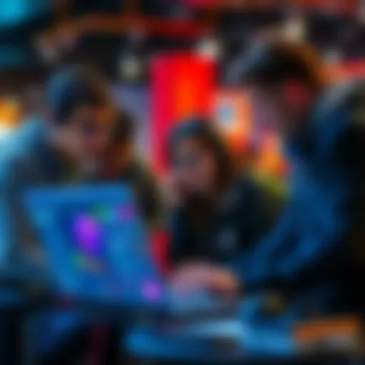 A group of tech enthusiasts collaborating on a laptop during a hackathon, brainstorming ideas and coding together.