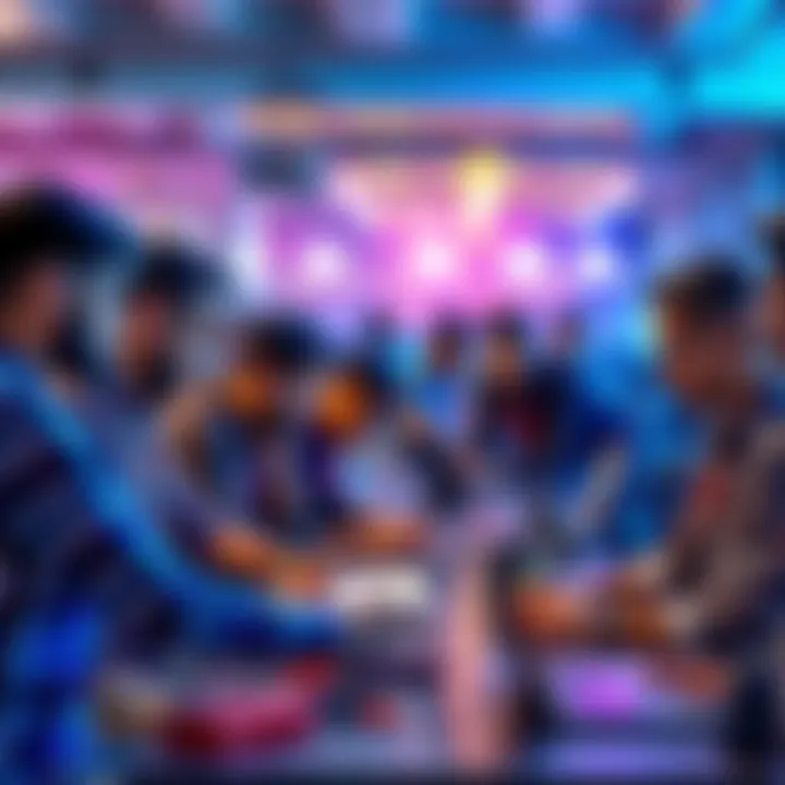 A group of engineers discussing project ideas at a hackathon, with laptops and coding materials visible.