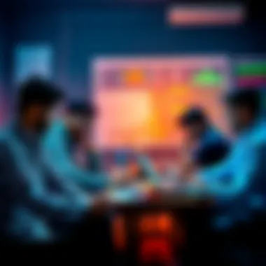 A group of people brainstorming ideas at a hackathon in Lucknow, with laptops and charts around them.