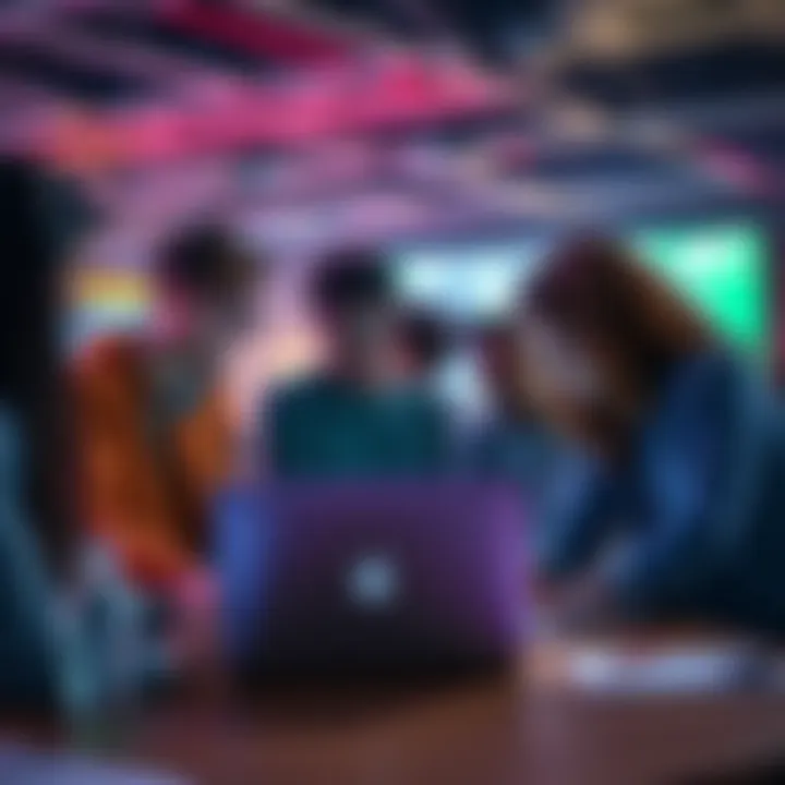 A diverse group of people brainstorming and working on a laptop during a hackathon.