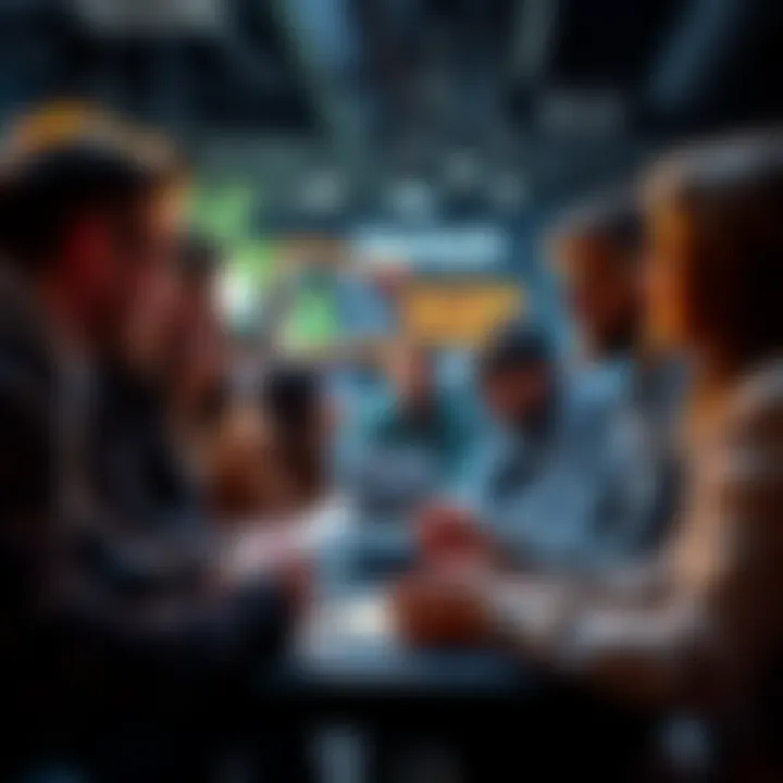 A diverse group of people collaborating at a hackathon, brainstorming ideas and discussing solutions.