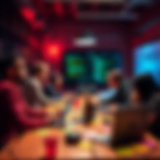 A diverse group of people brainstorming ideas for a hackathon project around a table with laptops and sticky notes.