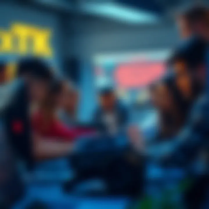 A diverse group of people collaborating at a computer during a hackathon, showcasing teamwork and creativity.