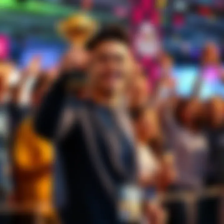 A person holding a trophy with a big smile after winning a hackathon, surrounded by fellow participants cheering in the background.