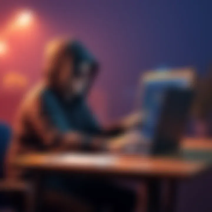 A hacker sitting at a laptop, displaying Bitcoin transaction graphics on the screen while looking puzzled.