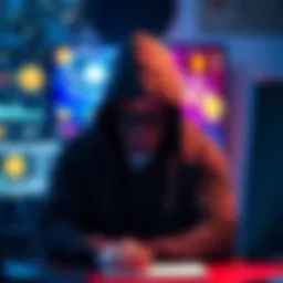 A person wearing a hoodie, sitting in front of a computer with Bitcoin symbols on the screen, representing the process of washing stolen Bitcoin.