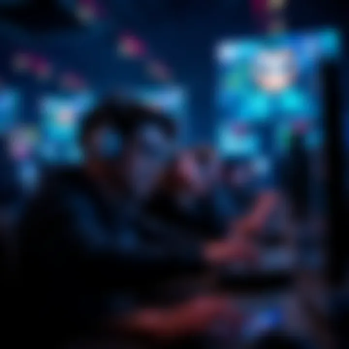 A group of hackers intensely focused on computer screens, with game graphics displayed, showcasing their rapid gameplay.