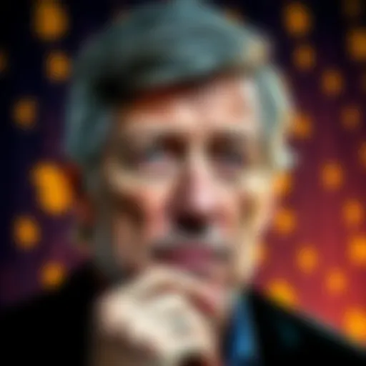 A close-up of Hal Finney, a key figure in cryptocurrency, with a thoughtful expression and a background featuring digital currency symbols.