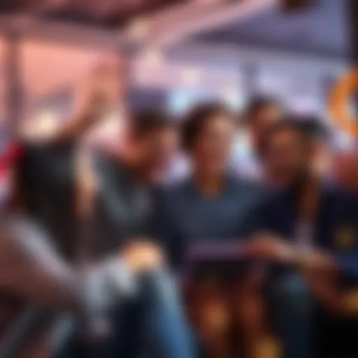 Half-coiners saving money Group of excited people discussing investments and savings strategies to become half-coiners