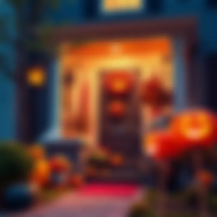 A colorful display of Halloween candies and decorations outside a house, inviting Trick or Treaters