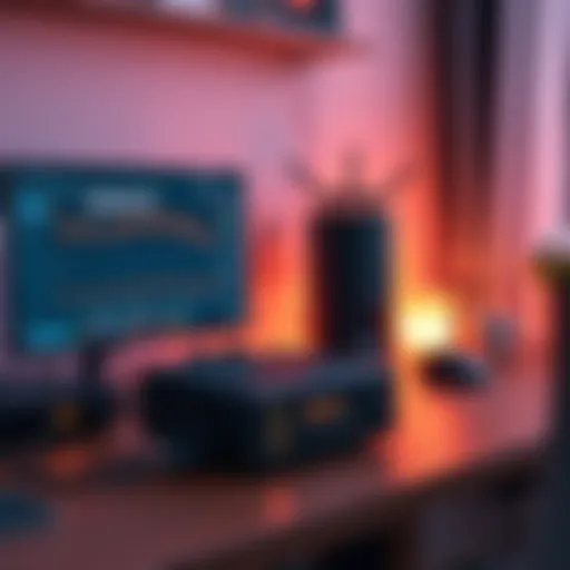 The Hammer Miner DC06 device placed on a desk, connected to a Wi-Fi router, with a computer screen showing mining stats, in a cozy home environment.