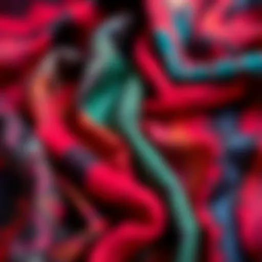 Colorful hand dyed fabrics in red and black molted patterns arranged for crafting