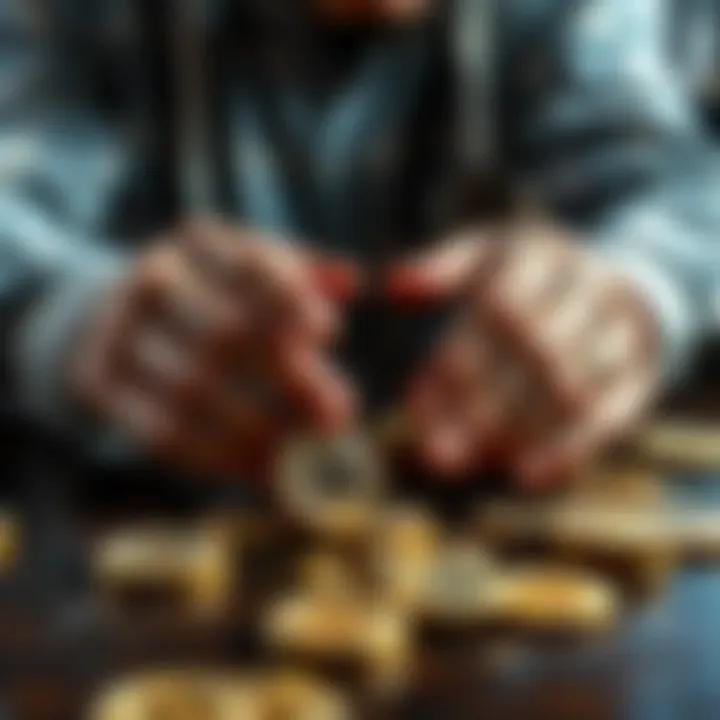 Person counting Bitcoin coins on a table, representing monthly investment strategies