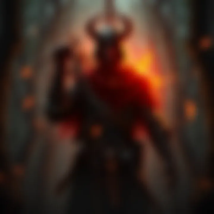 A digital artwork of the hanged man legendary hunter character with a mysterious aura, set against a dark forest background, ready for action.