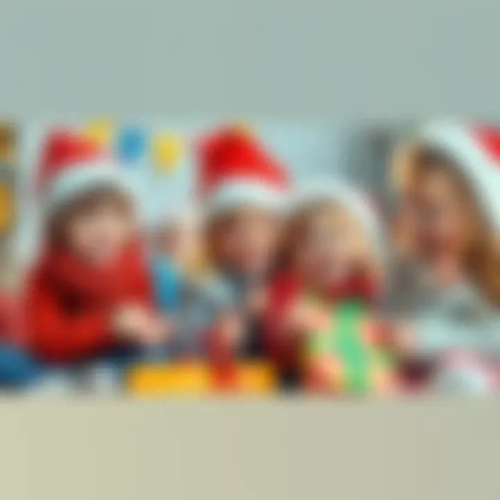 A group of joyful children wearing Santa hats, playing with gifts and enjoying the Christmas spirit