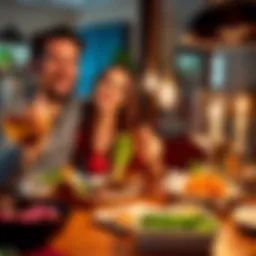 A smiling couple at a dinner table with a juicy steak and side dishes, celebrating portfolio gains together