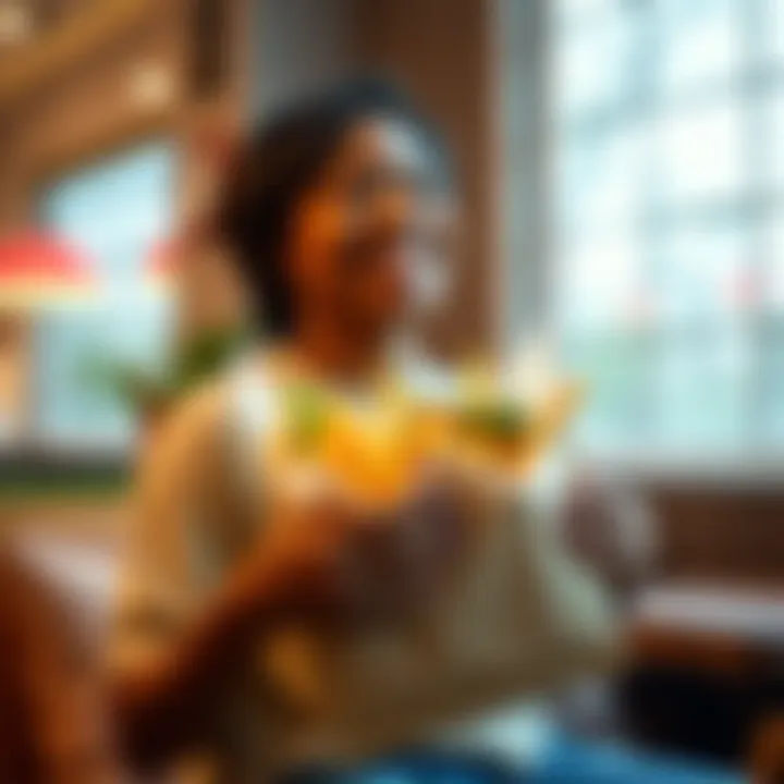 Happy diner with takeout A person smiling while holding a takeout bag filled with food, ready to enjoy a meal at home, showcasing a carefree attitude towards dining.