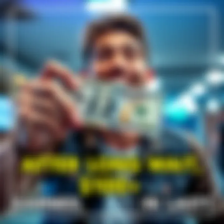 A happy person is holding a $100 bill with a big smile, celebrating their achievement of earning money after working hard.