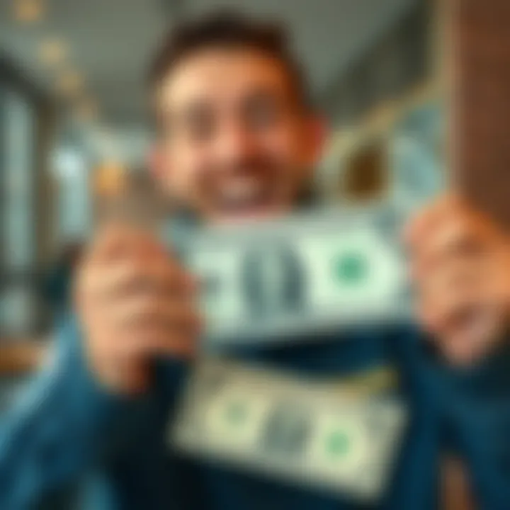 Happy person holding first dollar Excited person smiling while holding their first dollar bill, celebrating a financial milestone