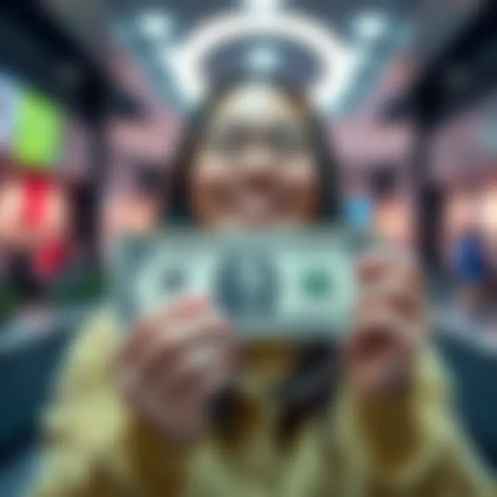 A joyful person smiling while holding their first dollar bill, symbolizing new beginnings and opportunities.