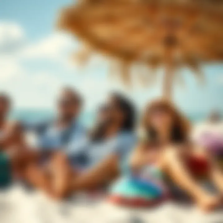 A group of friends relaxing on a beach, smiling and looking rejuvenated during their vacation.