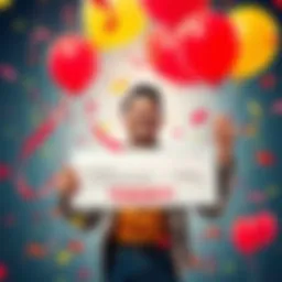 A joyful person with a big smile holds a check representing their prize, surrounded by confetti and balloons, celebrating their achievement.