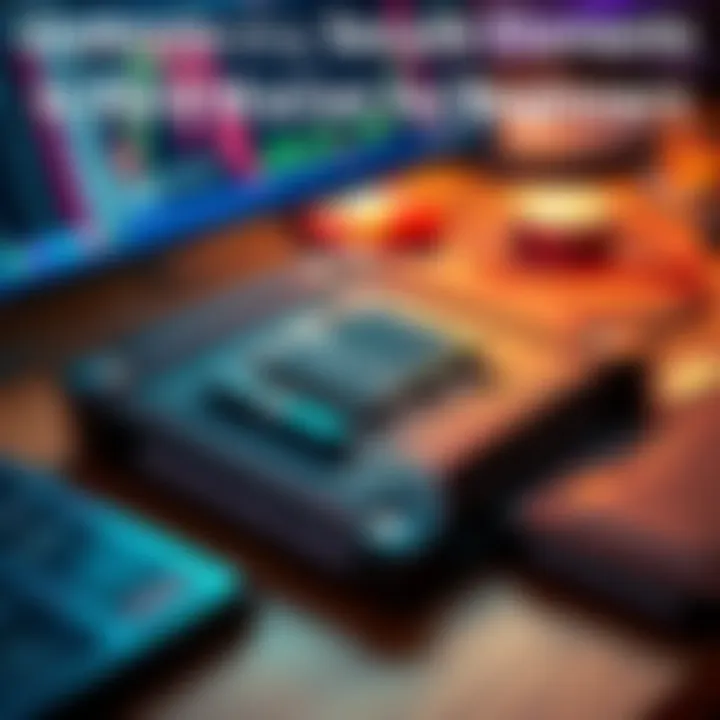 A close-up view of a hardware wallet displaying a secure element chip. The wallet is connected to a computer, showing a digital interface for cryptocurrency management.