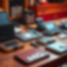 A variety of hardware wallets displayed on a wooden table, showcasing different designs and features