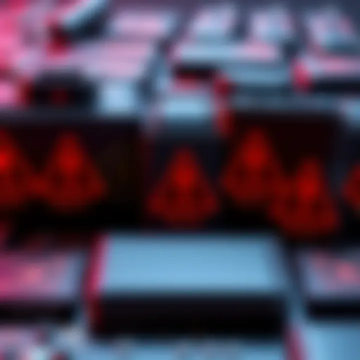 A collection of hardware wallets with red warning signs indicating security breaches and thefts