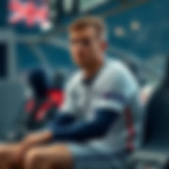 Harry Kane sitting on the bench with a concerned look, wearing his team's kit, showing his injury status
