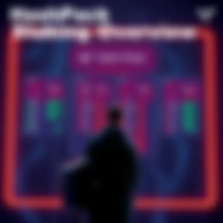 A visual representation of HashPack staking rewards, showing nodes with varying reward statuses and a person checking their staking node results.