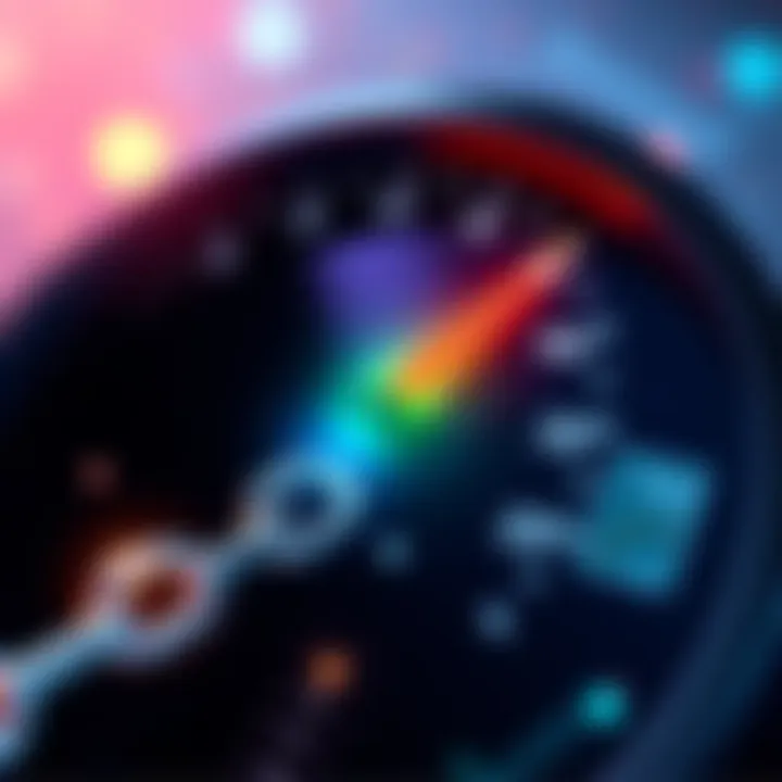 HBAR Enterprise Chain Upgrade Illustration showing a digital chain connected to a speedometer, symbolizing enhanced functionality and speed in blockchain for businesses.