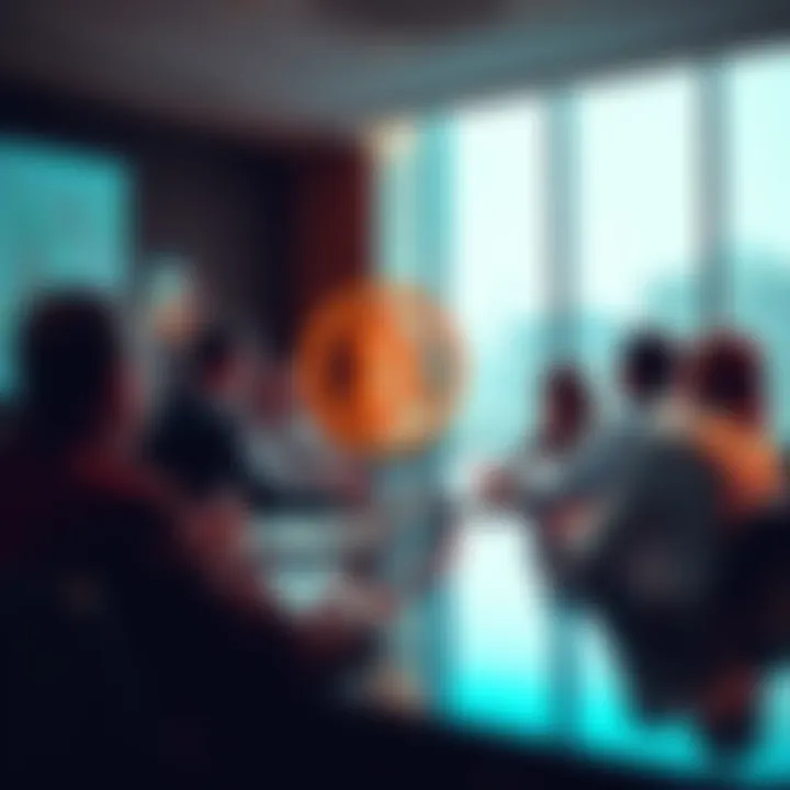 Group of people discussing HBAR's price targets and the impact of ETFs in a meeting room