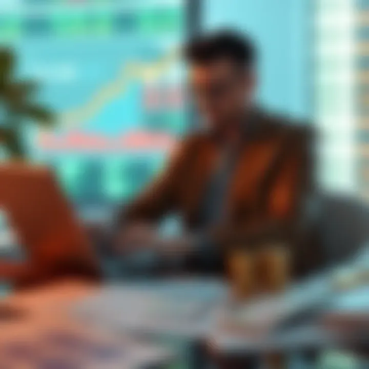 A person analyzing HBAR investment charts with a laptop and financial documents, visualizing future wealth growth by 2030.