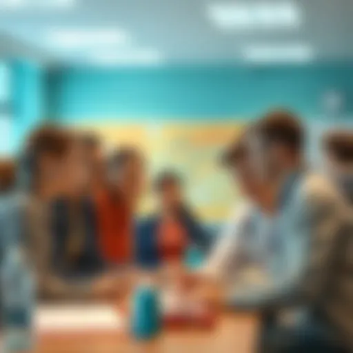 A diverse group of students discussing a health care interface project in a bright classroom setting.