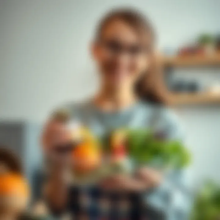 A person smiling while holding healthy food and a supplement bottle, representing a commitment to a healthy lifestyle.