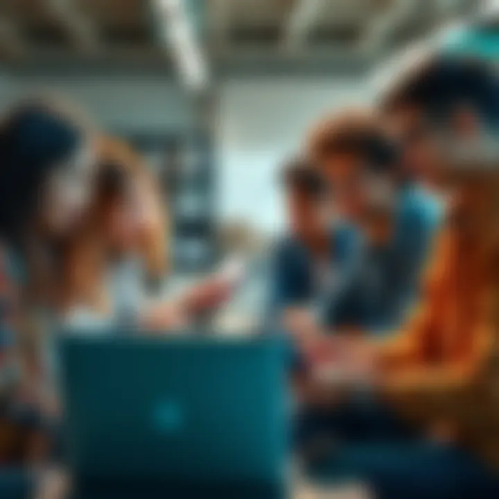 A diverse group of students discussing ideas for a healthcare technology startup, with laptops and notebooks open, brainstorming together.