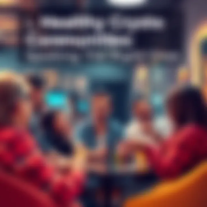 A group of people discussing cryptocurrency in a relaxed setting, sharing ideas and insights with open expressions.